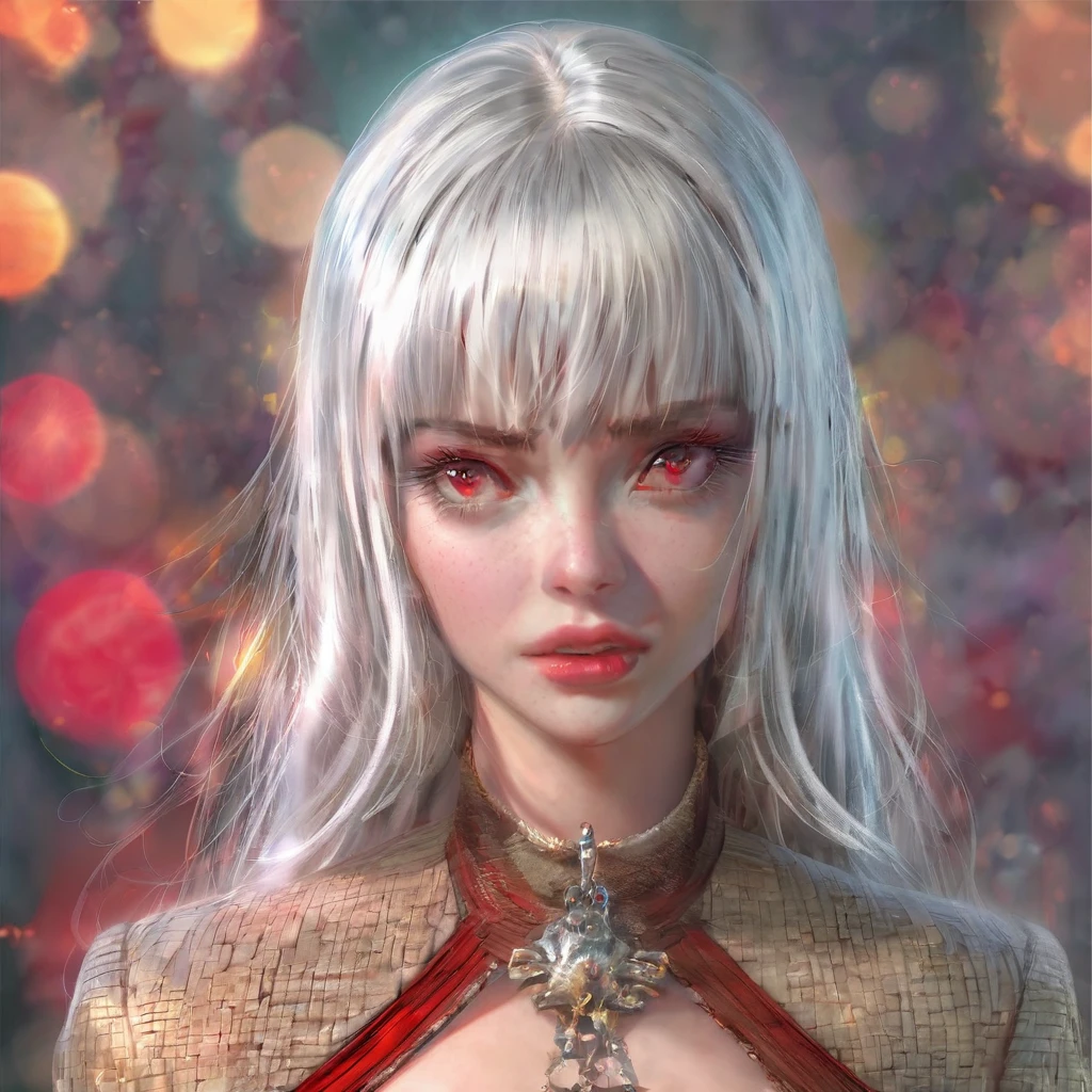 a gorgeous woman, long white hair, crimson dull eyes, long eyelashes, serious expression, unsatisfied look, 1girl, detailed eyes, detailed lips, extremely detailed face, high quality, 8k, ultra-detailed, realistic, photorealistic, photo-realistic, HDR, UHD, studio lighting, ultra-fine painting, sharp focus, physically-based rendering, extreme detail description, professional, vivid colors, bokeh, portrait