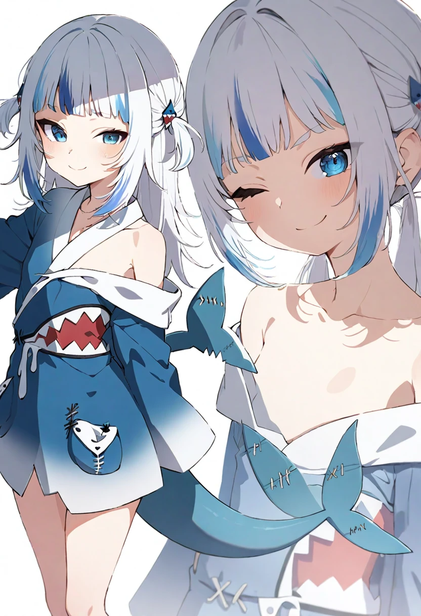 (muste piece), (best quality), very detailed eyes, expressive eyes, perfect face, very detailed face, highly detailed face, beautiful girl, 8K, beautiful girl, white background, delicate and beautiful face and eyes, dark intense shadow, 
1 girl, vtuber style, cool girl, hololive, Gawr Gura, shark tail, low twintails, kimono, small chest, clavicle, one eye close winking, smile, (whole body), standing, from back, looking back, sunrsing, 