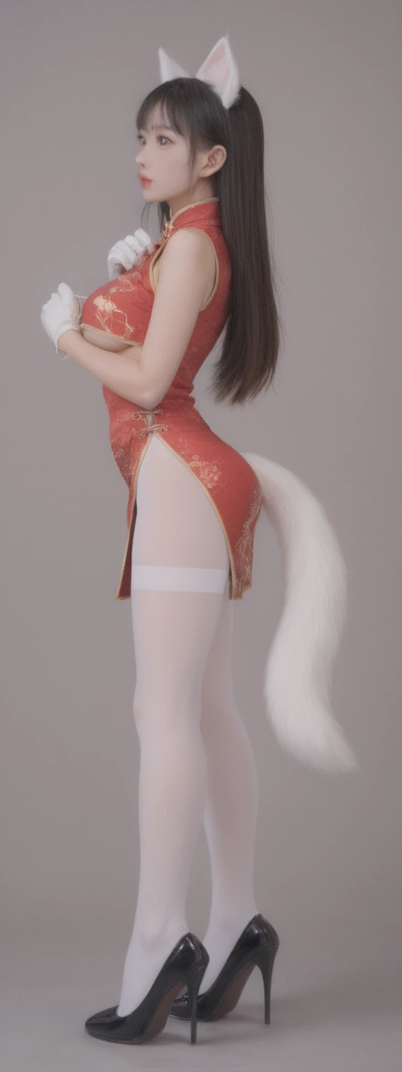 realistic,score_9, score_8_up, score_7_up,
1girl, solo, long hair, gloves, dress, animal ears, standing, tail, full body, gloves, high heels, chinese clothes, footwear, china dress, white pantyhose, from side, UnderBoob,Body socks