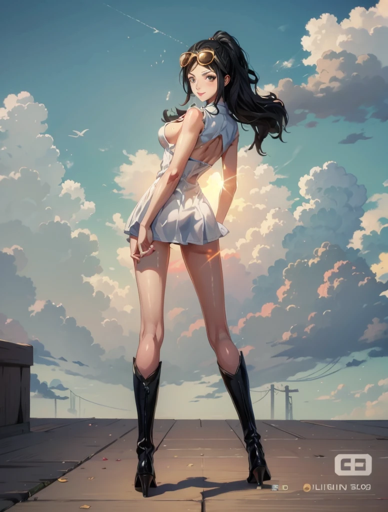 1girl, solo, boots, eyewear on head, black hair, dress, high heels, sunglasses, short dress, long hair, looking back, breasts, ponytail, nico robin, legs，medium_breasts，sideboob