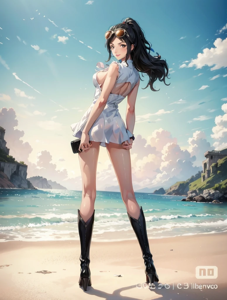 1girl, solo, boots, eyewear on head, black hair, dress, high heels, sunglasses, short dress, long hair, looking back, breasts, ponytail, nico robin, legs,medium_breasts,sideboob