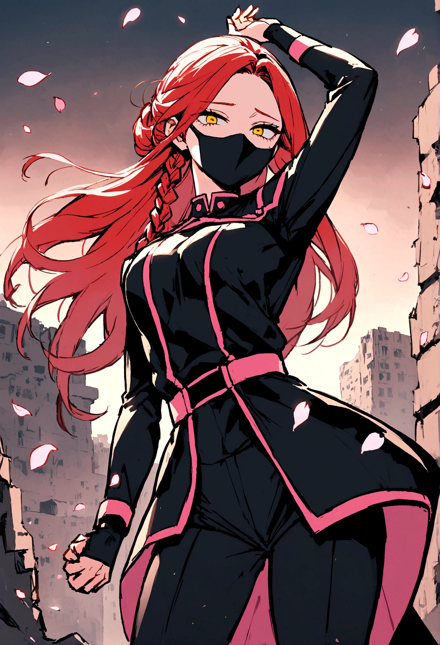 A female character. With the Boku no Hero Academia style. slanted eyes, and very strong yellow eyes. She wears an all-black jumpsuit, with pink details only on the arms, that shines a pink light from the details of the uniform, a black ninja mask that covers your neck and entire face, and the mask covering the mouth, taking your eyes off, who has a serious and cold expression, updo hair hairstyle 1 braid, without bangs, and very strong red hair, long hair braid, with hair flying because of the wind. With a destroyed city background, and she on top of the ruins of a building, in fighting power, just like spider man. With your arm up, and the hand stretched upwards, a bunch of sakura petals coming out, behind her, her power is to control cherry petals.