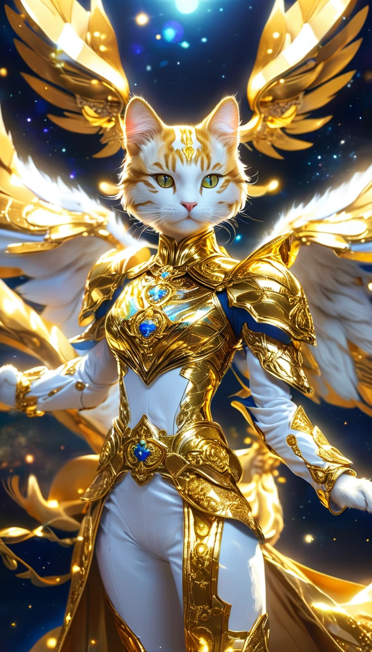 ((8K)), Highest quality, 超high resolution, (high resolution),A cat dressed in the Gold Saint outfit from the Saint Seiya anime., Floating in the vast space. The cat's armor shone brightly., reflecting the stars around
