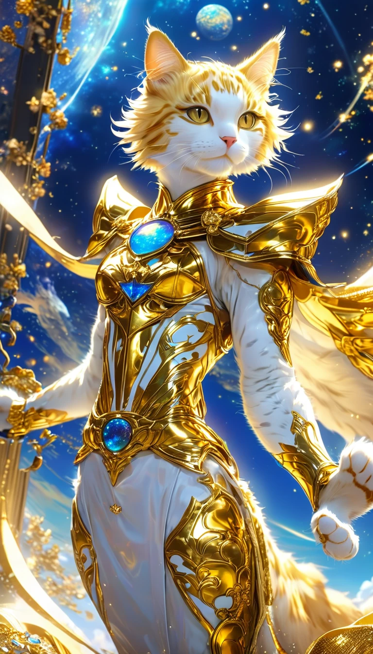 ((8K)), Highest quality, 超high resolution, (high resolution),A cat dressed in the Gold Saint outfit from the Saint Seiya anime., Floating in the vast space. The cat&#39;s armor shone brightly., reflecting the stars around