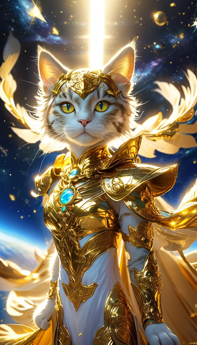((8K)), Highest quality, 超high resolution, (high resolution),A cat dressed in the Gold Saint outfit from the Saint Seiya anime., Floating in the vast space. The cat's armor shone brightly., reflecting the stars around