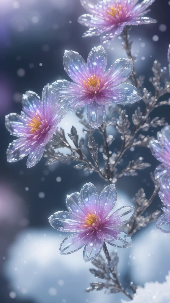 (best quality,4k,highres:1.2),ultra-detailed,realistic,crystal spring flowers,fantasy,intergalactic,cleanliness,Yuki,powdery snow,deep snow,cold snow,
sparkling,meaningful,colorful,
magical photography,dramatic lighting,photorealism,super-detailed,bokeh,masterpiece,high resolution、Purple Flower