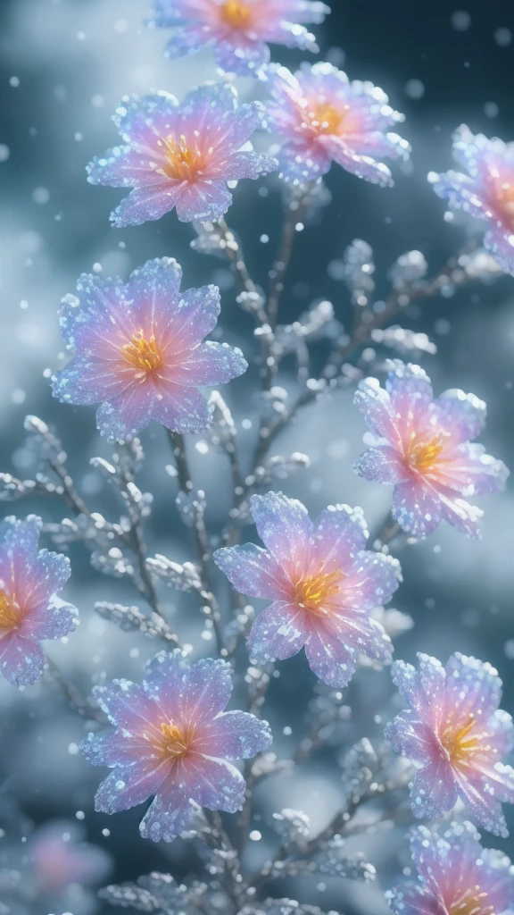 (best quality,4k,highres:1.2),ultra-detailed,realistic,crystal spring flowers,fantasy,intergalactic,cleanliness,Yuki,powdery snow,deep snow,cold snow,
sparkling,meaningful,colorful,
magical photography,dramatic lighting,photorealism,super-detailed,bokeh,masterpiece,high resolution、Purple Flower