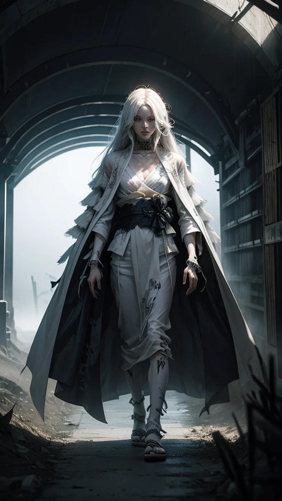 A skeleton in a white kimono with long hair, standing inside a foggy tunnel. The tunnel is shrouded in mist, creating an eerie atmosphere.