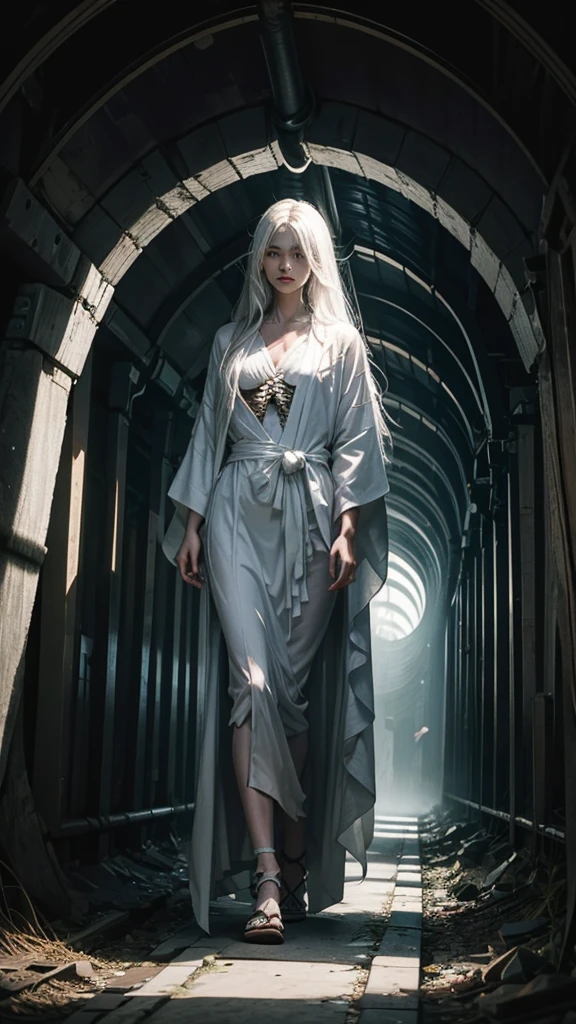 A skeleton in a white kimono with long hair, standing inside a foggy tunnel. The tunnel is shrouded in mist, creating an eerie atmosphere.