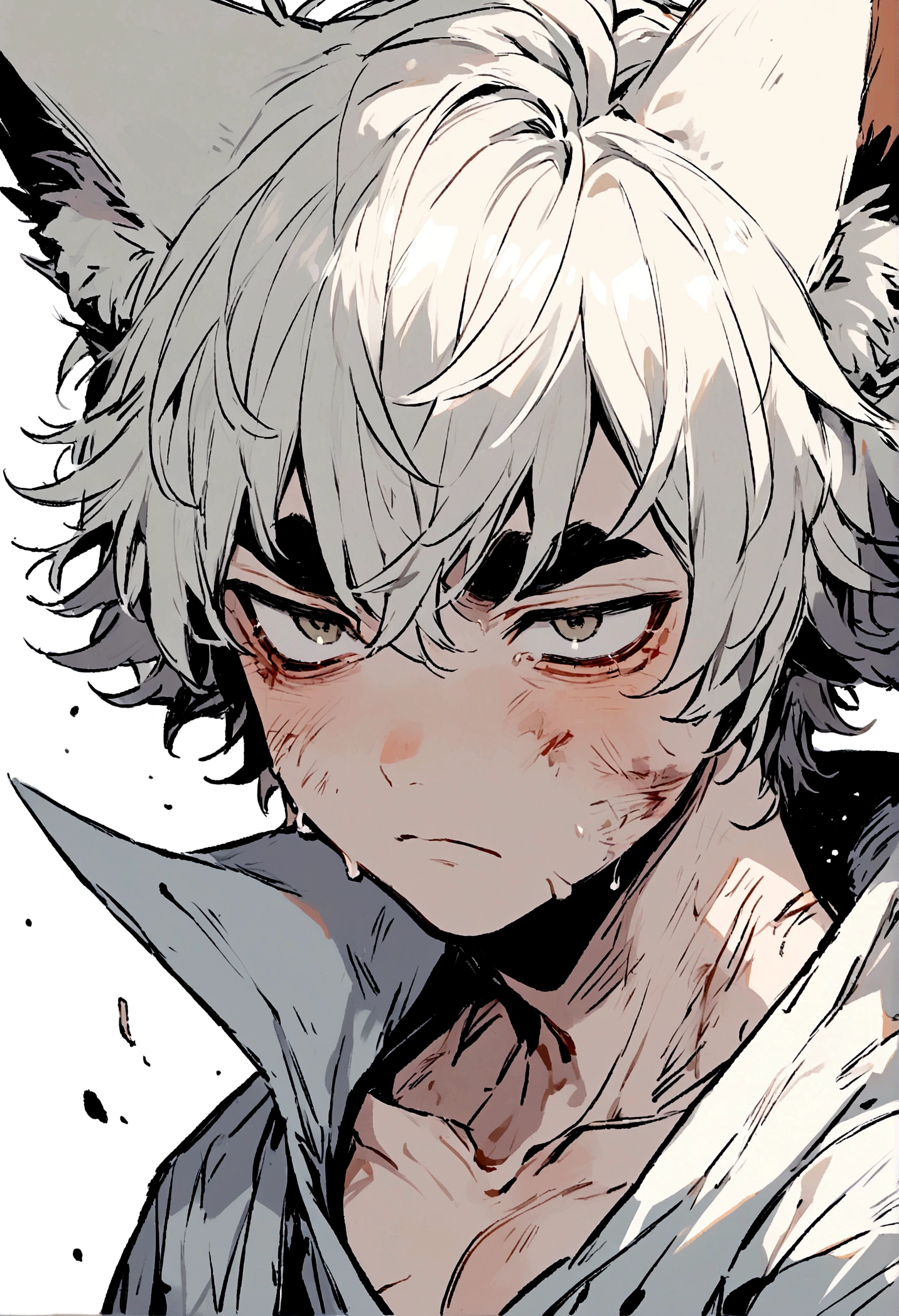 Man, thick eyebrows, handsome, short hair, fox ears, injured, cute