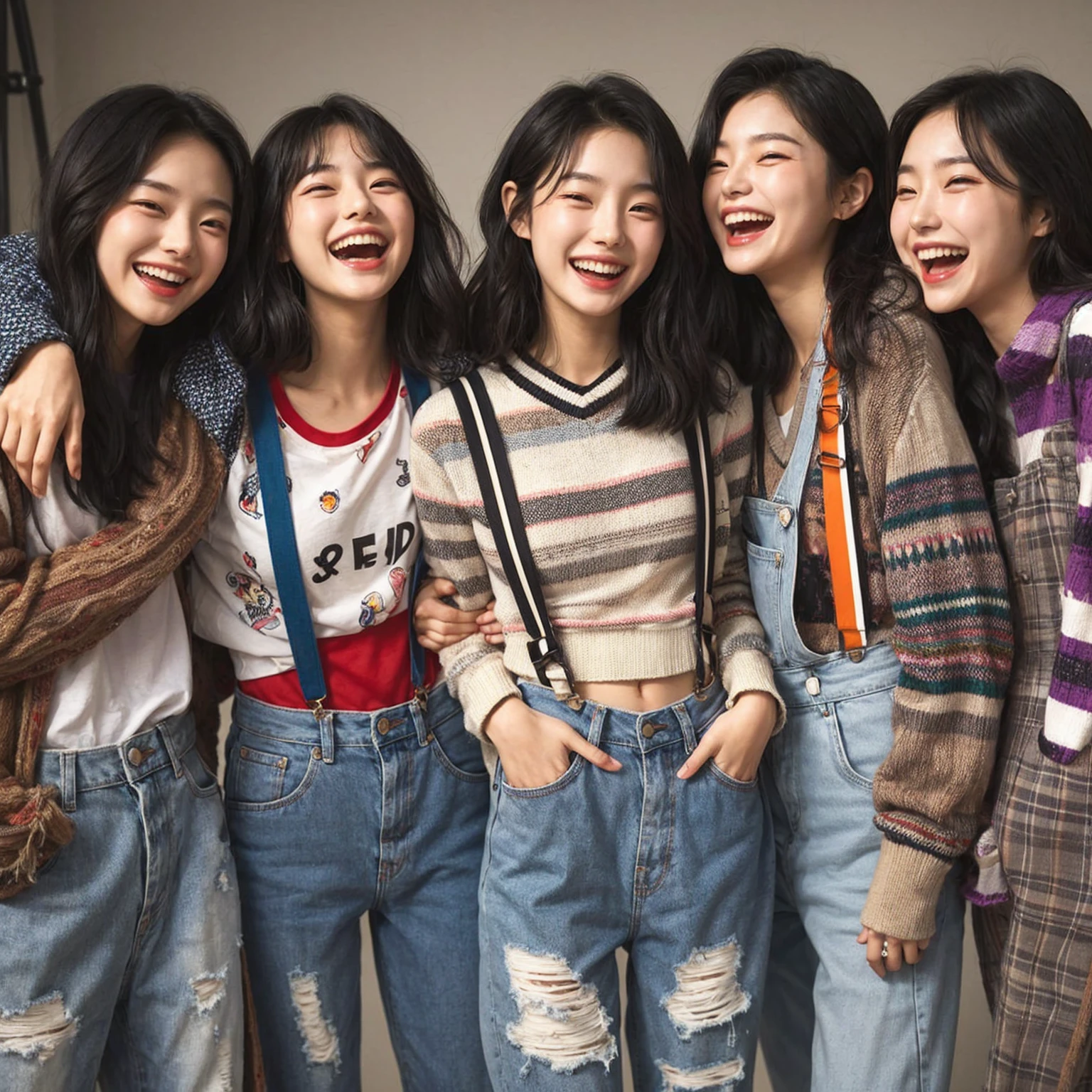 Create a scene featuring a group of five young korean woman enjoying a joyful moment together. They are all standing close, with arms around each other’s shoulders, smiling. The friends are dressed casually in trendy, youthful attire that reflects their individual styles, including a mix of patterned shirts, sweaters, suspenders, and jackets. adding to the relaxed and happy atmospher, Emphasize the sense of camaraderie and the fun they are having together.