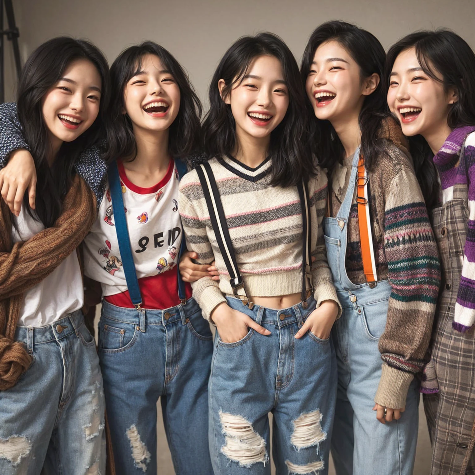 Create a scene featuring a group of five young korean woman enjoying a joyful moment together. They are all standing close, with arms around each other’s shoulders, smiling. The friends are dressed casually in trendy, youthful attire that reflects their individual styles, including a mix of patterned shirts, sweaters, suspenders, and jackets. adding to the relaxed and happy atmospher, Emphasize the sense of camaraderie and the fun they are having together.