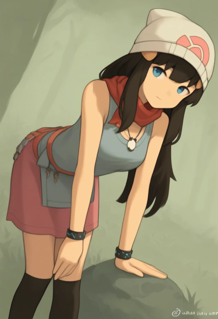 score_9, score_8_up, score_7_up, source_anime, pokemondawn, pokemon dawn, black hair, blue eyes, sidelocks, long hair,, bare shoulders, beanie, black shirt, black socks, bracelet, hat, jewelry, kneehighs, miniskirt, pink skirt, red scarf, scarf, shirt, skirt, sleeveless, sleeveless shirt, white headwear,, landscape, bent over, smile, looking at viewer, solo, cowboy shot, dutch angle