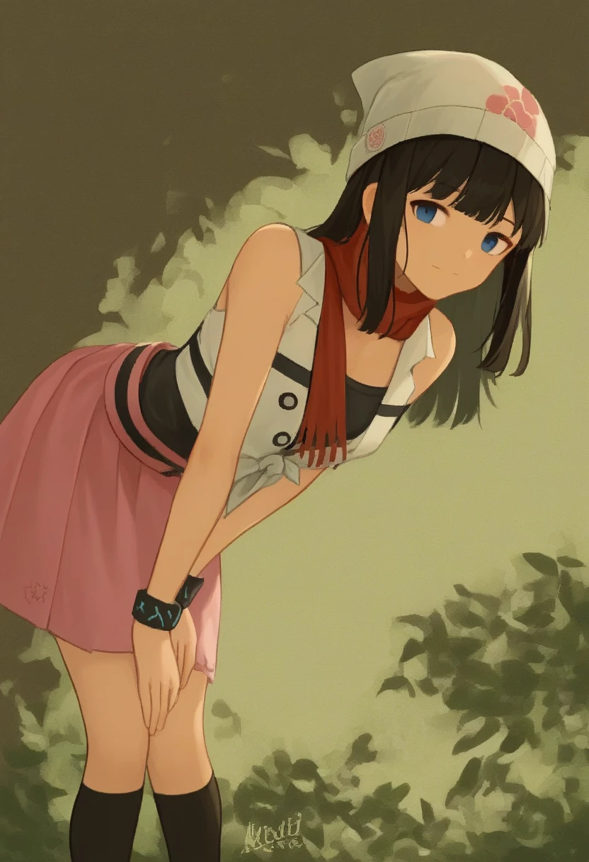 score_9, score_8_up, score_7_up, source_anime, pokemondawn, pokemon dawn, black hair, blue eyes, sidelocks, long hair,, bare shoulders, beanie, black shirt, black socks, bracelet, hat, jewelry, kneehighs, miniskirt, pink skirt, red scarf, scarf, shirt, skirt, sleeveless, sleeveless shirt, white headwear,, landscape, bent over, smile, looking at viewer, solo, cowboy shot, dutch angle