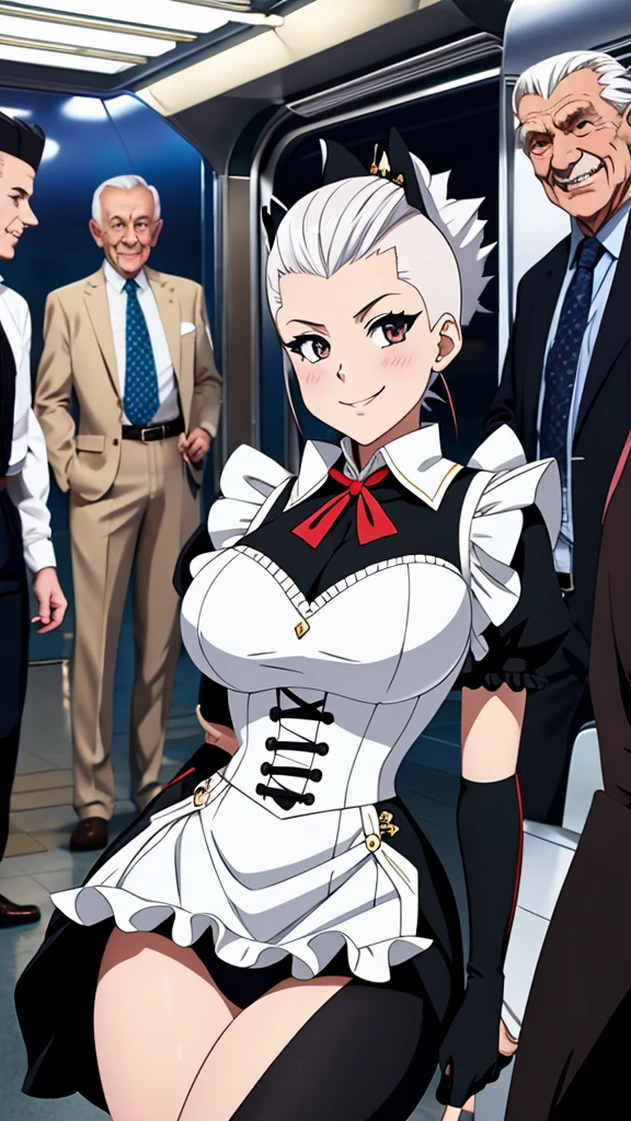 1 woman in black maid outfit with white skirt, white stockings, and tight corsets, showcasing immense curves, Mohawk hairstyle, extremely beautiful. Surrounded by elderly gentlemen who are admiring her. She playfully begins to show off, enjoying the attention. She's facing the viewer, smiling happily, in a futuristic subway setting. Anime style, a masterpiece, highest resolution, quality, detail, sharply focused, professional image