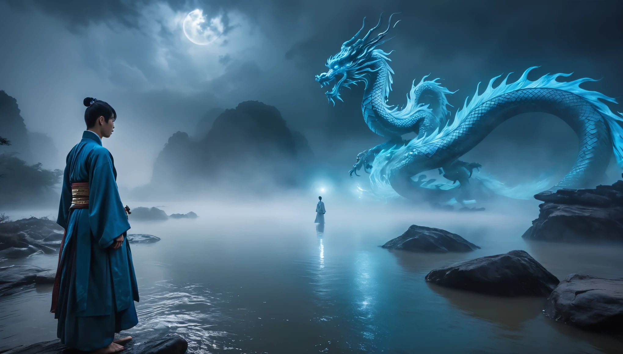 A young Chinese man in traditional robes standing at the edge of a misty river. Behind him, a ghostly female figure in ancient clothing hovers protectively. In the stormy sky above, a massive Chinese dragon looms menacingly. The scene is dimly lit with an eerie blue glow