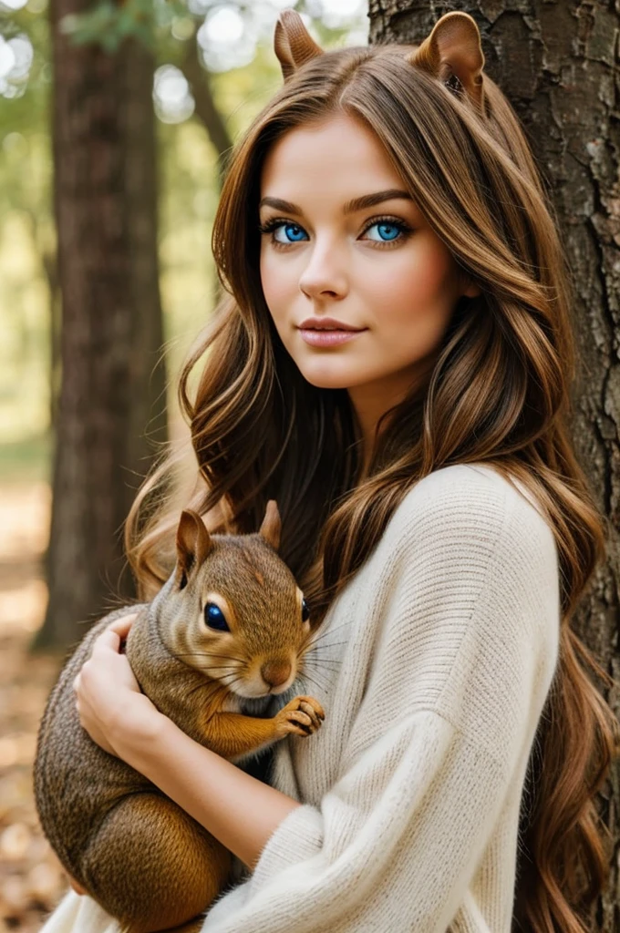 Squirrel with golden fur, blue eyes, beautiful, cute, long hair, woman