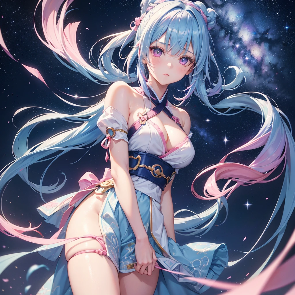 Sky blue hair, Braided Ponytail,(Pink Eyes),Fair skin ,(whole body),(One girl),Hanfu,Tanabata,(The beautiful, sparkling Milky Way in the night sky),Lonely Eyes,Straight bangs,(masterpiece, Highest quality, Very detailed, Best Shadow), (Detailed Background), (Beautifully detailed face), High Contrast, (Best lighting, Very delicate and beautiful), ((Cinematic Light)), colorful, Hyper Detail, Dramatic Light, Intricate details,
