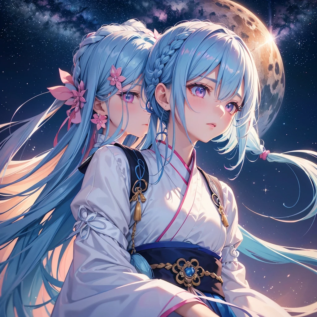 Sky blue hair, Braided Ponytail,(Pink Eyes),Fair skin ,(whole body),(One girl),Hanfu,Tanabata,(The beautiful, sparkling Milky Way in the night sky),Lonely Eyes,Straight bangs,(masterpiece, Highest quality, Very detailed, Best Shadow), (Detailed Background), (Beautifully detailed face), High Contrast, (Best lighting, Very delicate and beautiful), ((Cinematic Light)), colorful, Hyper Detail, Dramatic Light, Intricate details,