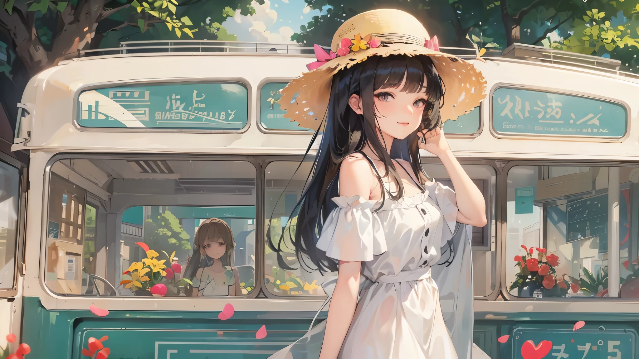 Perfect Anatomy, masterpiece:1.4, Highest quality, 8K, beautiful and detailed growth, Utopian performance, In summer, Standing Solo:1.3 ((Blunt bangs)) (Very cute girl with long black hair, 14 years old, Sexy eyes closed, Cute smile), break, Wearing a long white dress, Straw hat, Midsummer Weather, At a rural bus stop, The background is an open waterfall.