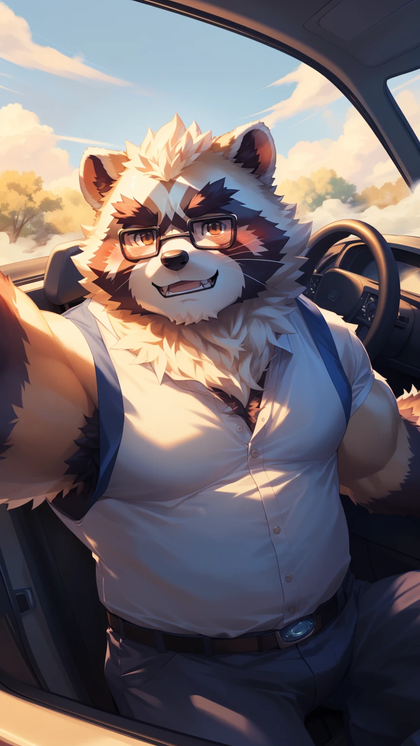 (Vision:1.5), solitary, anthropology, hairy, hairy male, raccoon, ((Fluffy fur, Fluffy, hairy body)), (raccoon print), (Thick eyebrows), youth, muscular, White and big skin, Brown pupils, Detailed teeth, defaced face, fundos, driver, White vest, Glasses, cab里, Driving, sideways, Shy expression, A faint smile, blush, (Dynamic poses:1.5), Clear facial features, Strong, majestic, alone, panoramic, Fog atmosphere, early morning, Tyndall Light Effect, cab, Sunlight through the car window, (By Empty Ghost, From raccoon20, masterpiece, high quality, high resolution,8K)