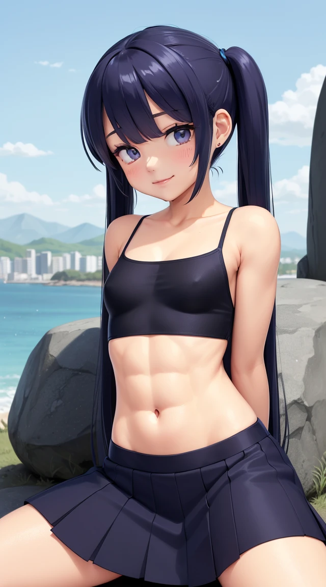 (masterpiece:1.3), (Best Quality:1.3), (Ultra-detailed:1.2), ((kawaii)), Cute, (lovely), ((sexy)), ((Extremely detailed)), 4K, (8K), Best Quality, (Beautiful), Illustration, anime style, (bold line:1.2), Gradation, looking at viewer, //, (bent down:1.1), (arms behind back), //, a cute girl, 1girl, (solo:1.2), gleaming skin, //, (flat chested), (Perfect eyes:1.2), (Perfect iris:1.2), //, darkblue hair color, (beautiful eyes) //, (half closed eyes:1.3), (sexual expression:1.2), Fascinated expression, smile, (blush:1.2), //, modern city background, sit on rock, sailor uniform with skirt, twin tails, muscle girl, hard abs