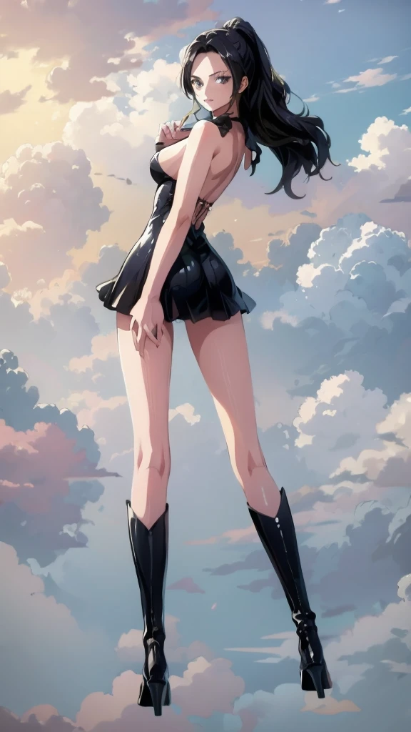 1girl, solo, boots, eyewear on head, black hair, dress, high heels, sunglasses, short dress, long hair, looking back, breasts, ponytail, nico robin, legs，medium_breasts，sideboob