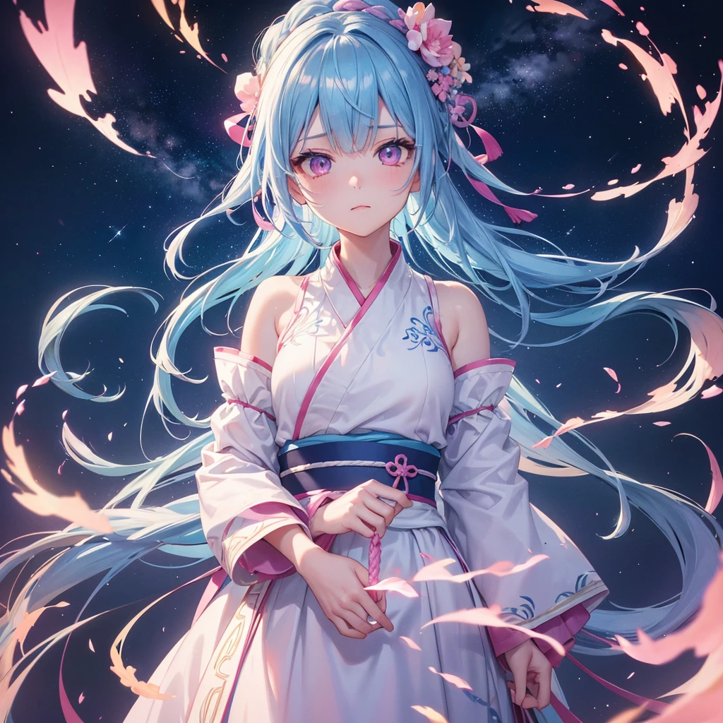 Sky blue hair, Braided Ponytail,(Pink Eyes),Fair skin ,(whole body),(One girl),Hanfu,Tanabata,(The beautiful, sparkling Milky Way in the night sky),Lonely Eyes,Straight bangs,(masterpiece, Highest quality, Very detailed, Best Shadow), (Detailed Background), (Beautifully detailed face), High Contrast, (Best lighting, Very delicate and beautiful), ((Cinematic Light)), colorful, Hyper Detail, Dramatic Light, Intricate details,