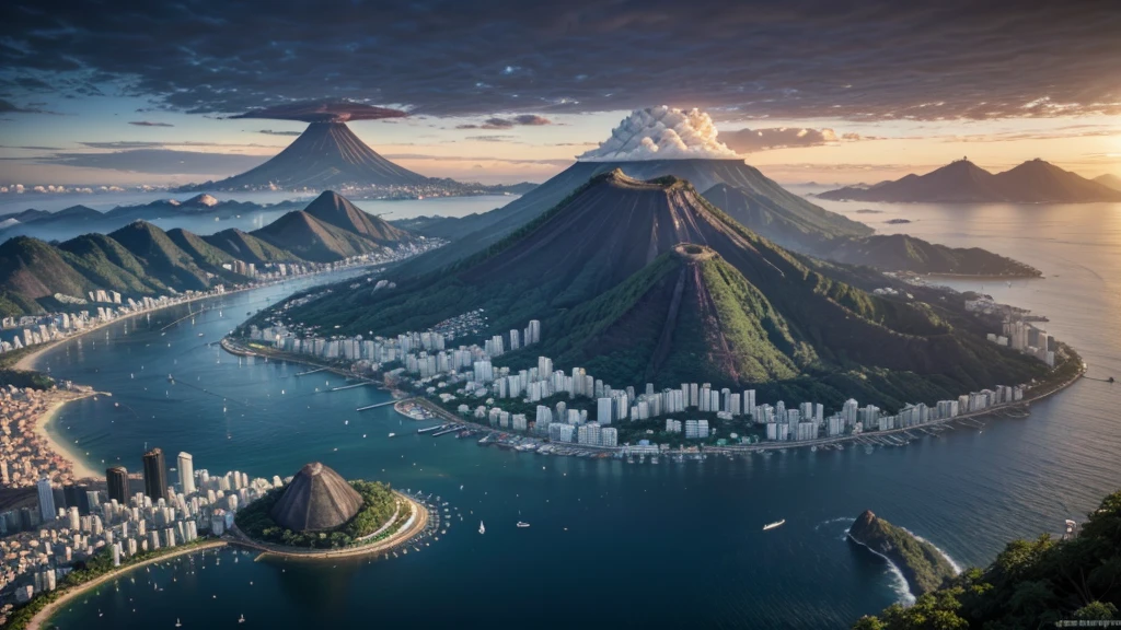 City of Rio de Janeiro with a huge volcano behind 