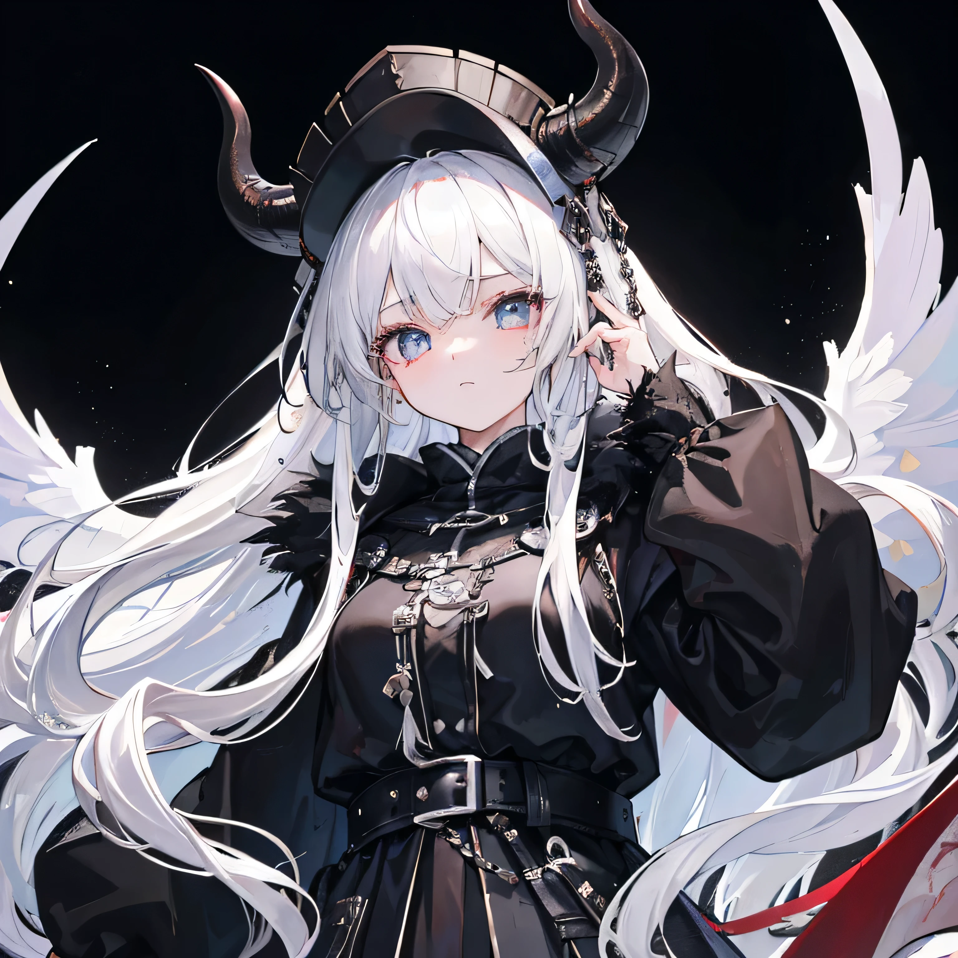 8K resolution、((Highest quality))、((masterpiece))、((Super detailed))、only、One young  girl、solo、Unbelievably absurd、Worn black fur clothing、long white hair、Light-colored eyes、1 woman、devil、Demon King、Fantasy、hat、Medieval town、Oversized hoodie