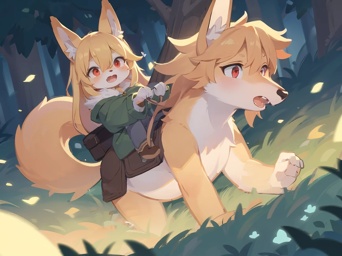 the fox, , was hairy, shaggy, skin fur, smooth lashes, golden fur, forelimb hands, straight long blonde hair, solid circle eyes, golden ears, golden fur, golden facial fur, shiny hair, red eyes, heart-shaped eyes, super cute face, 1fox tail, fluffy tail, furry tail, glowing eyes, green coat green hood down, brown trousers, riding horse, open mouth, pain face, embarrassed, ambient light, ultra-fine fur, dashed eyes, full body, masterpiece, high quality, high-details, best quality, (solo)