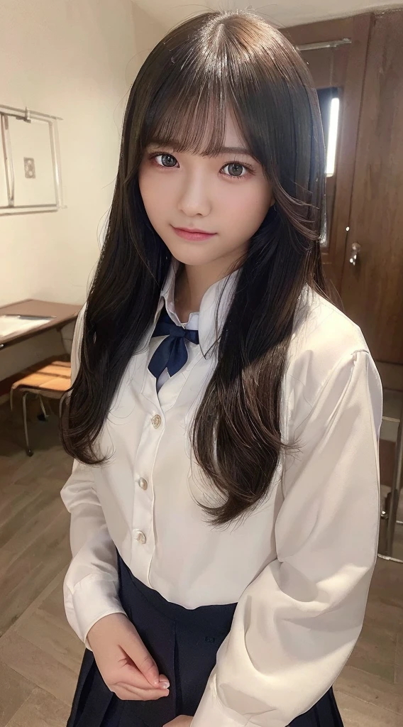 (masterpiece、top-quality、beautiful quality、Photorealsitic、Look at viewers、Detailed Lighting、highlydetailed skin、very detail hair、extremely detailed teeth、shadowy、8K:1.2)、(women's pictures、1girl in:1.2)、((high-school uniform:1.2))girl, 18 years old,medium breasts,slender、crass room