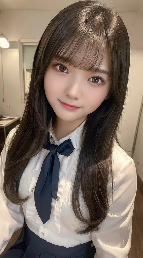(masterpiece、top-quality、beautiful quality、Photorealsitic、Look at viewers、Detailed Lighting、highlydetailed skin、very detail hair、extremely detailed teeth、shadowy、8K:1.2)、(women's pictures、1girl in:1.2)、((high-school uniform:1.2))girl, 18 years old,medium breasts,slender、crass room