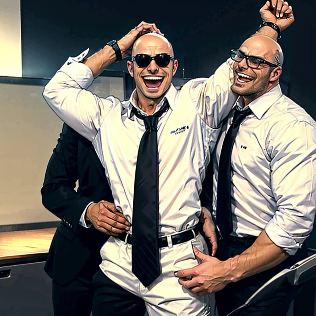 anime, handsome muscular blonde man wearing glasses and a white shirt and brown tie,  laughing, brushing,hands above head and held by two muscular men,tickled armpits by  two muscular bald men wearing black suits standing behind him and looking at him with seriousness, office background