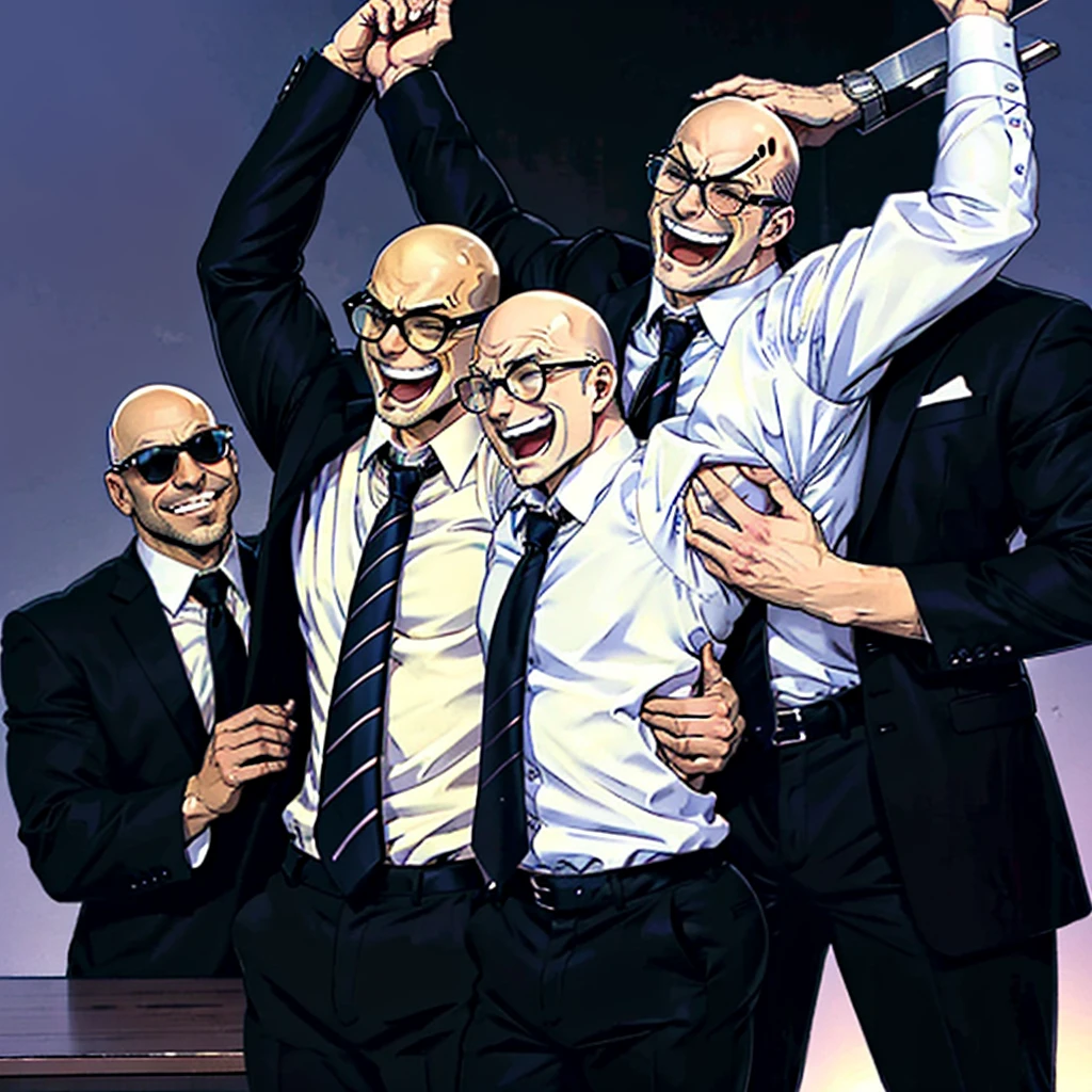 anime, handsome muscular blonde man wearing glasses and a white shirt and brown tie, laughing, brushing,hands above head and held by two muscular men,tickled armpits by two muscular bald men wearing black suits standing behind him and looking at him with seriousness, office background