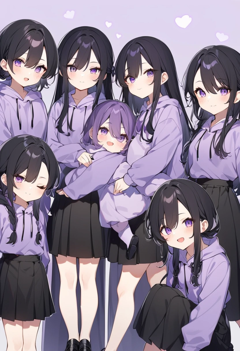 Keito。Purple hoodie。Black Skirt。Purple Eyes。Black Hair。Black shoes下。Black shoes。6 sistery eldest daughter has lavender hair.。all female。Sextuplets