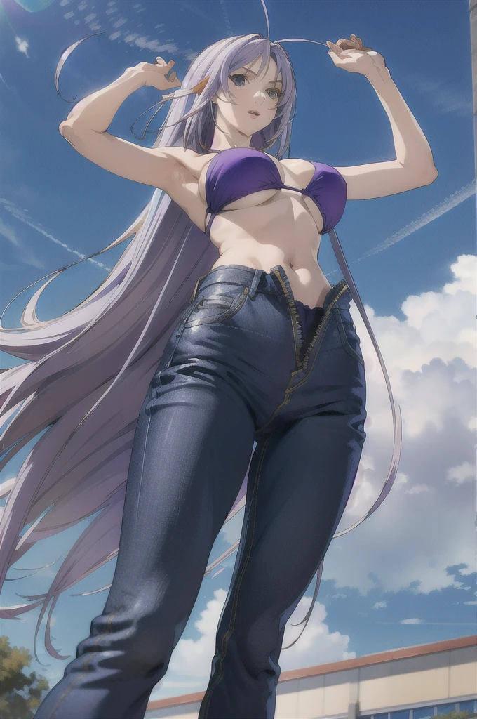 masterpiece, best quality, highly quality ,Aya-Natsume-KJ,  very long hair, sky, day, pants, cloud, underboob, from below, denim, jeans, unzipped, purple bikini, open fly , (photorealistic:1.2) , ahoge