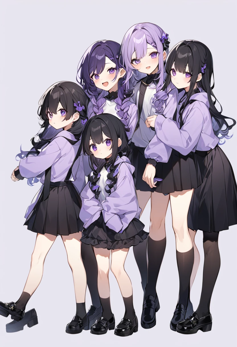 Keito。Purple hoodie。Black Skirt。Purple Eyes。Black Hair。Black shoes下。Black shoes。6 sistery eldest daughter has lavender hair.。all female。Sextuplets