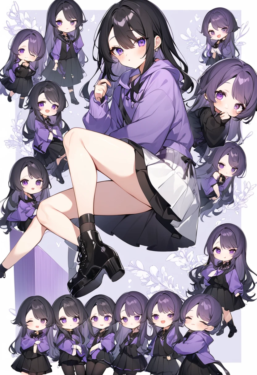 Keito。Purple hoodie。Black Skirt。Purple Eyes。Black Hair。Black shoes下。Black shoes。6 sistery eldest daughter has lavender hair.。all female。Sextuplets