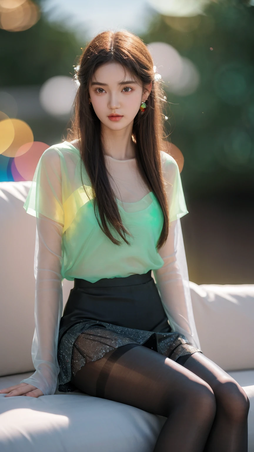 best quality, highres, 8k, masterpiece, photography, 20 years old, a girl, long hair, (real skin texture:1.3), (Slender figure:1.1), bright and shiny lips, (Immersive Ambience, Chiaroscuro:1.5, Bright Light:1.2, Glow Lighting), (Bokeh:1.5), Blurred, delicate facial features, Black Skirt, (Opaque Pantyhose:1.5), sitting on the sofa, (Fuji Colors:1.5), film grain