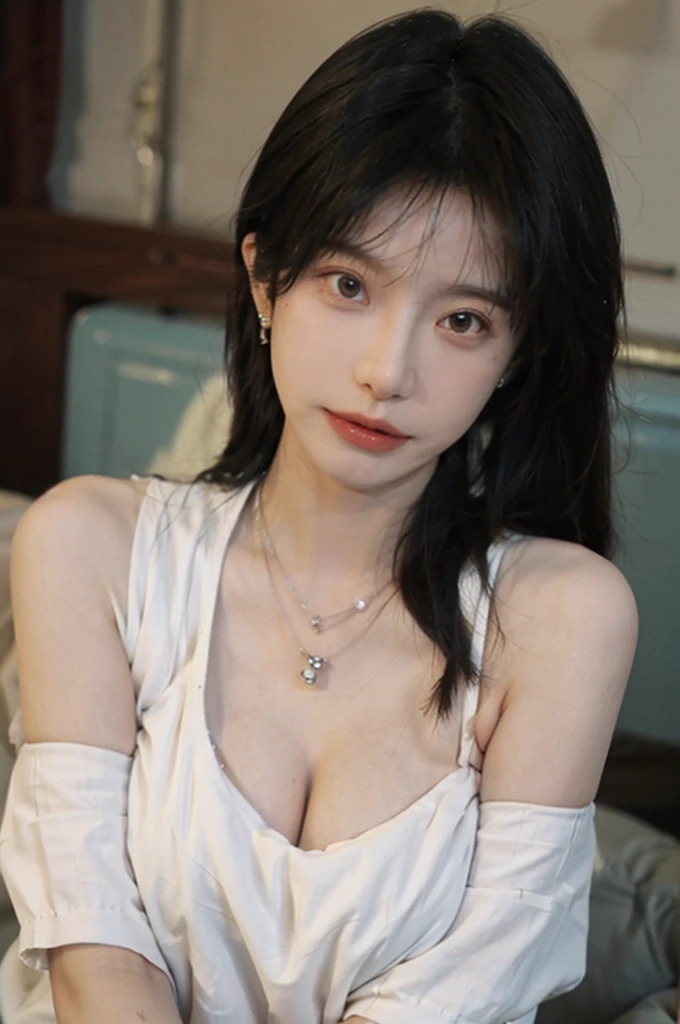 Film portrait photography, 1 girl, bare shoulders,lipstick,(flat chest:1.4), Shoulder length wavy hair, wear necklace,scarf,earrings,short sleeves,serene, calm, (Realistic and detailed eyes, natural skin texture, Realistic facial details), Soft dramatic lighting, depth of field, Bokeh, big breasts,Areola,split,cleavage,Vibrant details, Detailed and detailed, surreal, 35mm film, hazy, ,
