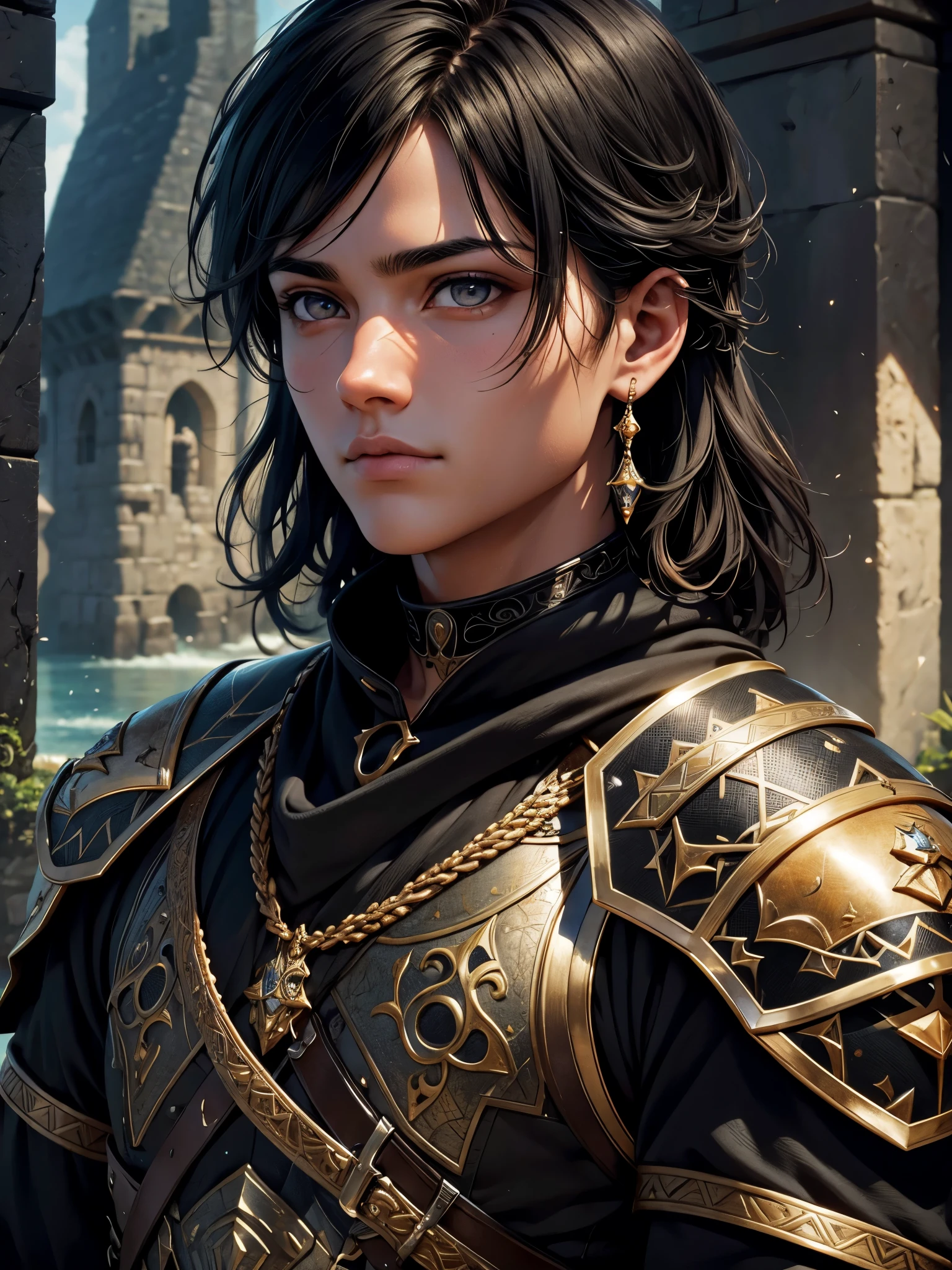A 15 year old boy with tanned skin, bright white eyes, black hair, effeminate facial features, wearing epic medieval fantasy armor with intricate design and materials, looking directly at the camera, (best quality,8k,highres,masterpiece:1.2),ultra-detailed,(realistic,photorealistic,photo-realistic:1.37),HDR,UHD,studio lighting,physically-based rendering,extreme detail description,vivid colors,portraits,fantasy