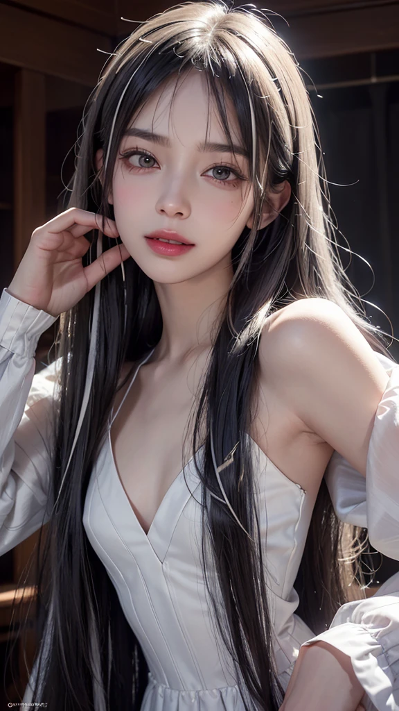 (8k, born, realistic: 1.25), ((striped white hairs)))))), (Thin lip gloss, thin eyebrows, eyelash, tear bag, sharp bangs, shiny face, shiny skin, highest quality, ultra high resolution, Depth of the bounds written, chromatic aberration, caustics, wide lighting, natural shading, K-POPアイドル) Glasses, Calm, Collect a strand of hair with your hand, long hair, smile, Small devil, inside the house