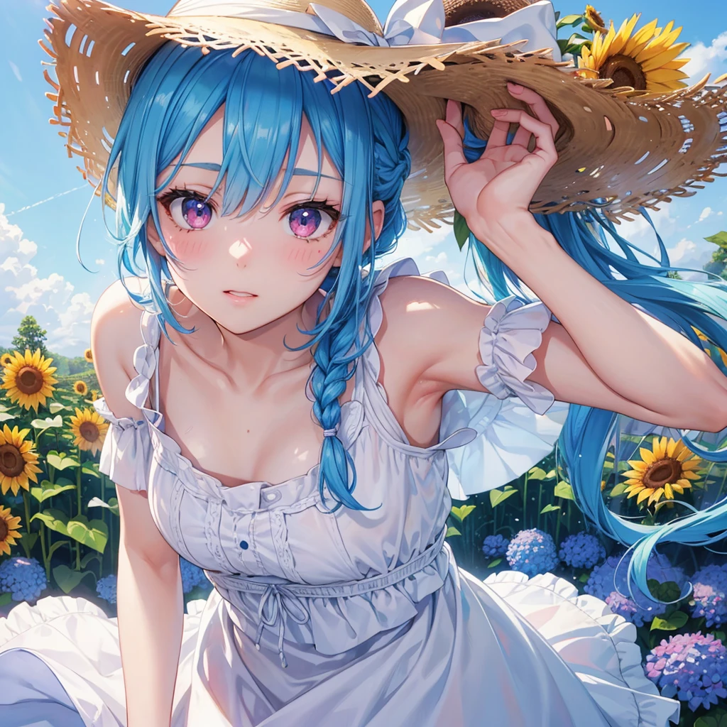 Sky blue hair, Braided Ponytail,(Pink Eyes),Fair skin ,(whole body),(One girl),summer,Sunflower field,White dress,Straight bangs,Wiping away sweat,Wink,Straw hat,(masterpiece, Highest quality, Very detailed, Best Shadow), (Detailed Background), (Beautifully detailed face), High Contrast, (Best lighting, Very delicate and beautiful), ((Cinematic Light)), colorful, Hyper Detail, Dramatic Light, Intricate details,summerの暑い日差し,