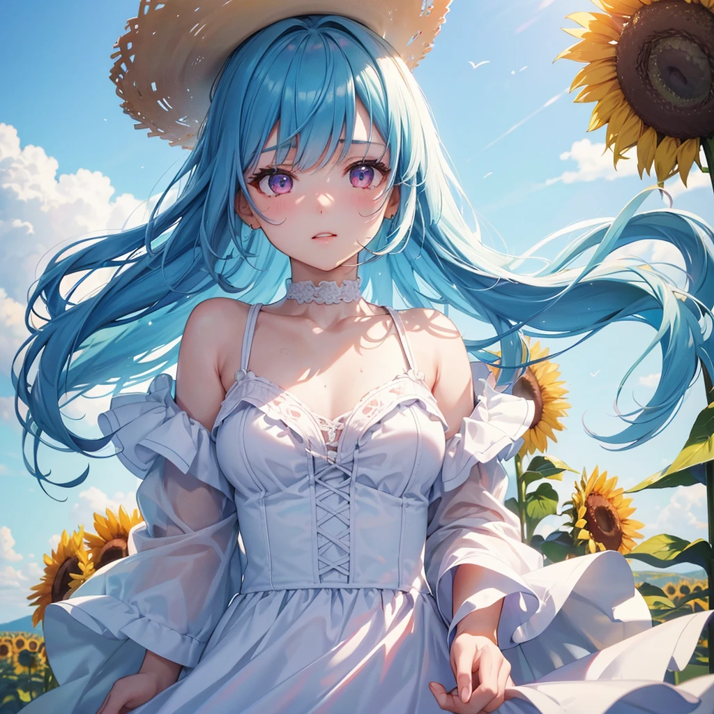 Sky blue hair, Braided Ponytail,(Pink Eyes),Fair skin ,(whole body),(One girl),summer,Sunflower field,White dress,Straight bangs,Wiping away sweat,Wink,Straw hat,(masterpiece, Highest quality, Very detailed, Best Shadow), (Detailed Background), (Beautifully detailed face), High Contrast, (Best lighting, Very delicate and beautiful), ((Cinematic Light)), colorful, Hyper Detail, Dramatic Light, Intricate details,summerの暑い日差し,