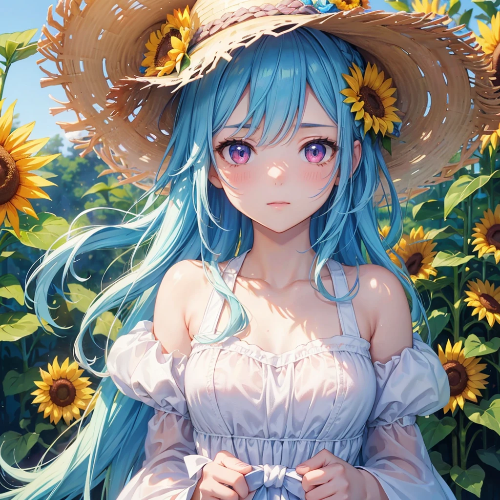 Sky blue hair, Braided Ponytail,(Pink Eyes),Fair skin ,(whole body),(One girl),summer,Sunflower field,White dress,Straight bangs,Wiping away sweat,Wink,Straw hat,(masterpiece, Highest quality, Very detailed, Best Shadow), (Detailed Background), (Beautifully detailed face), High Contrast, (Best lighting, Very delicate and beautiful), ((Cinematic Light)), colorful, Hyper Detail, Dramatic Light, Intricate details,summerの暑い日差し,