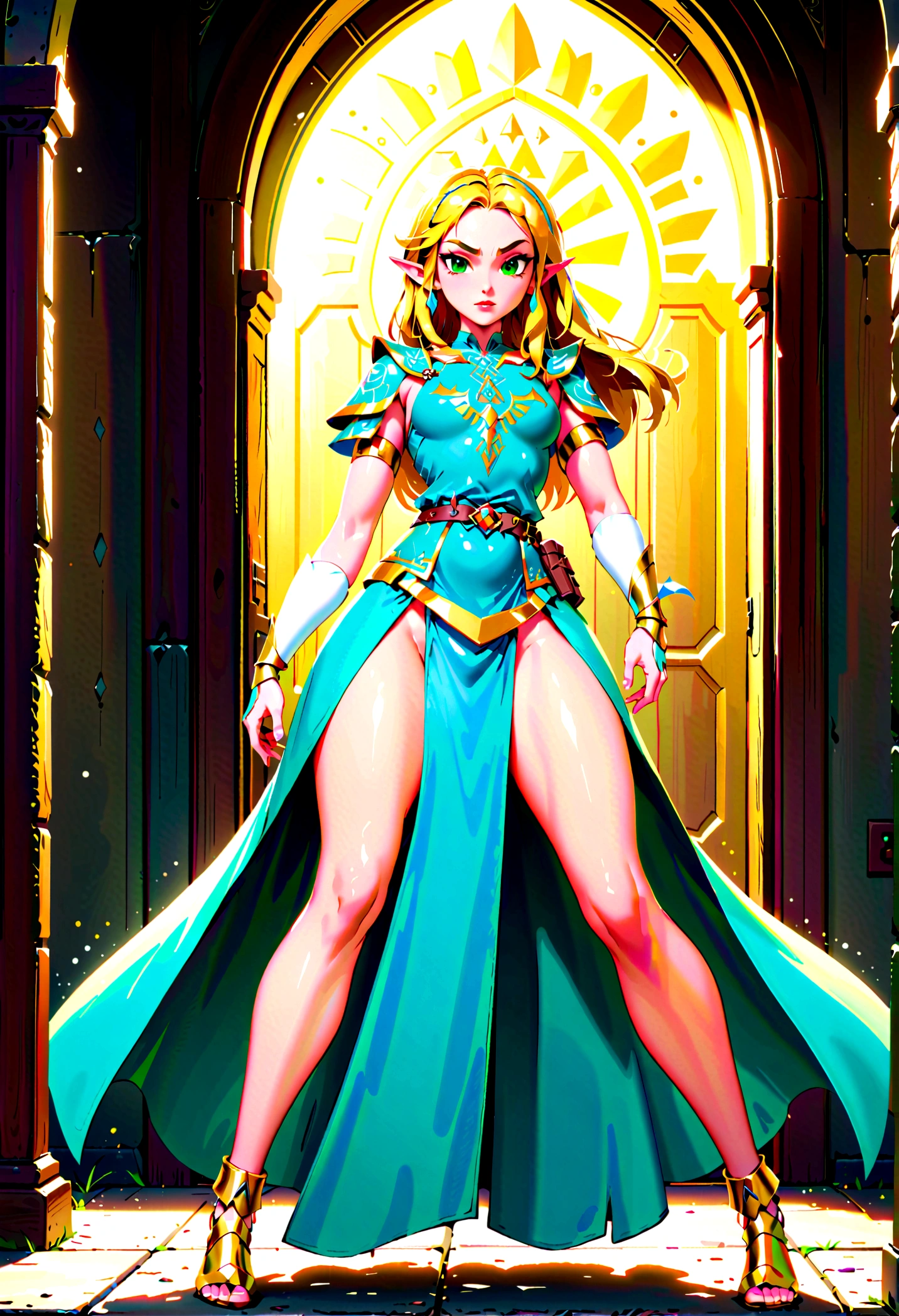 In a captivating scene, a timeless beauty emerges, embodying the legendary Milf style of the beloved game, The Legend of Zelda. Her raven hair cascades down to her waist, framing her captivating face, adorned with a subtle blush and bright, enchanting eyes. Her iconic green garb is intricately detailed, accentuating her perfect figure with medium breasts and perfect hands. The background is a lush, enchanted forest, with the soft glow of an evening sun casting a warm hue over the scene. The image is enhanced with a radiant aura, symbolizing her powerful and enchanting presence in this anime-inspired