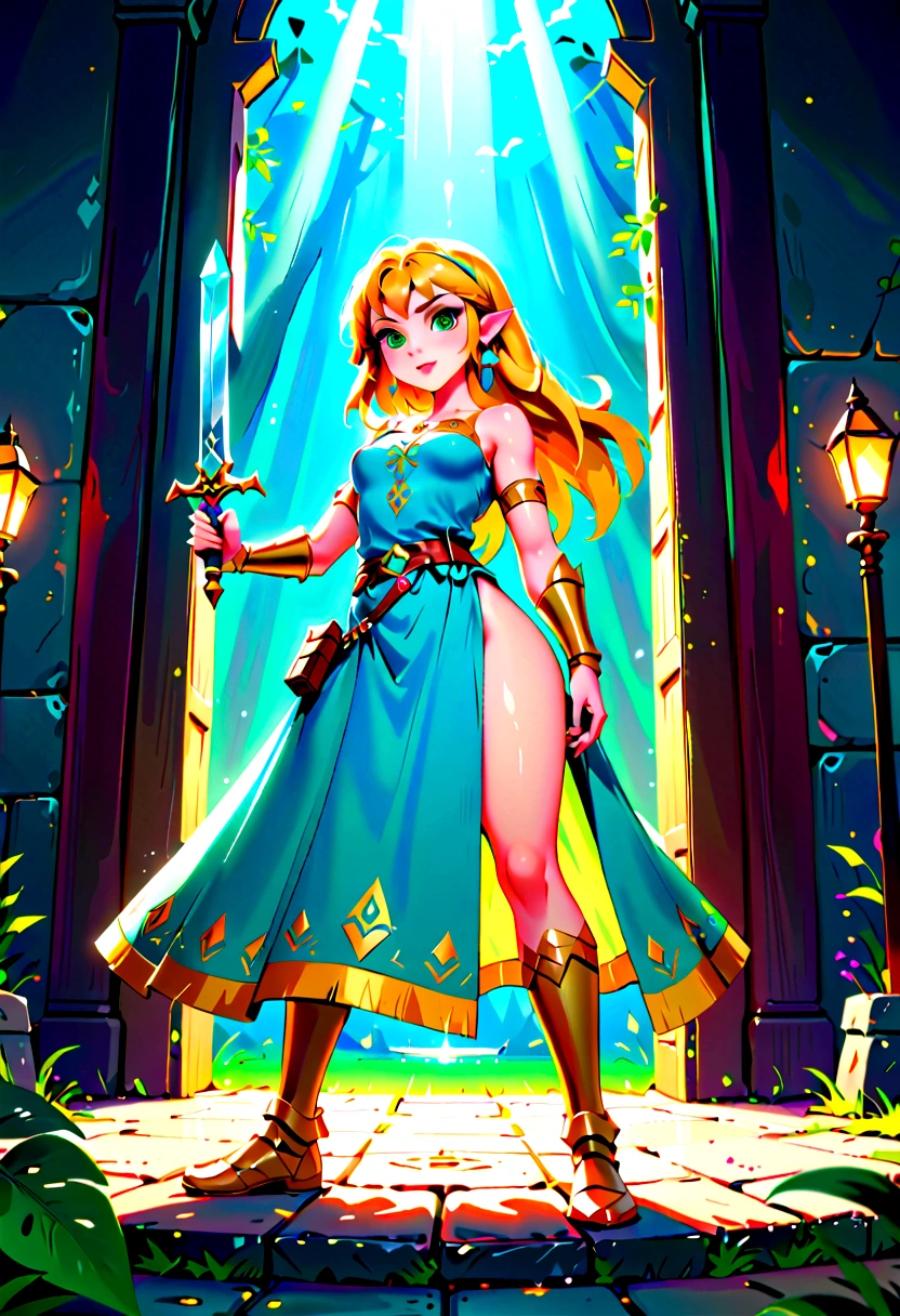 In a captivating scene, a timeless beauty emerges, embodying the legendary Milf style of the beloved game, The Legend of Zelda. Her raven hair cascades down to her waist, framing her captivating face, adorned with a subtle blush and bright, enchanting eyes. Her iconic green garb is intricately detailed, accentuating her perfect figure with medium breasts and perfect hands. The background is a lush, enchanted forest, with the soft glow of an evening sun casting a warm hue over the scene. The image is enhanced with a radiant aura, symbolizing her powerful and enchanting presence in this anime-inspired