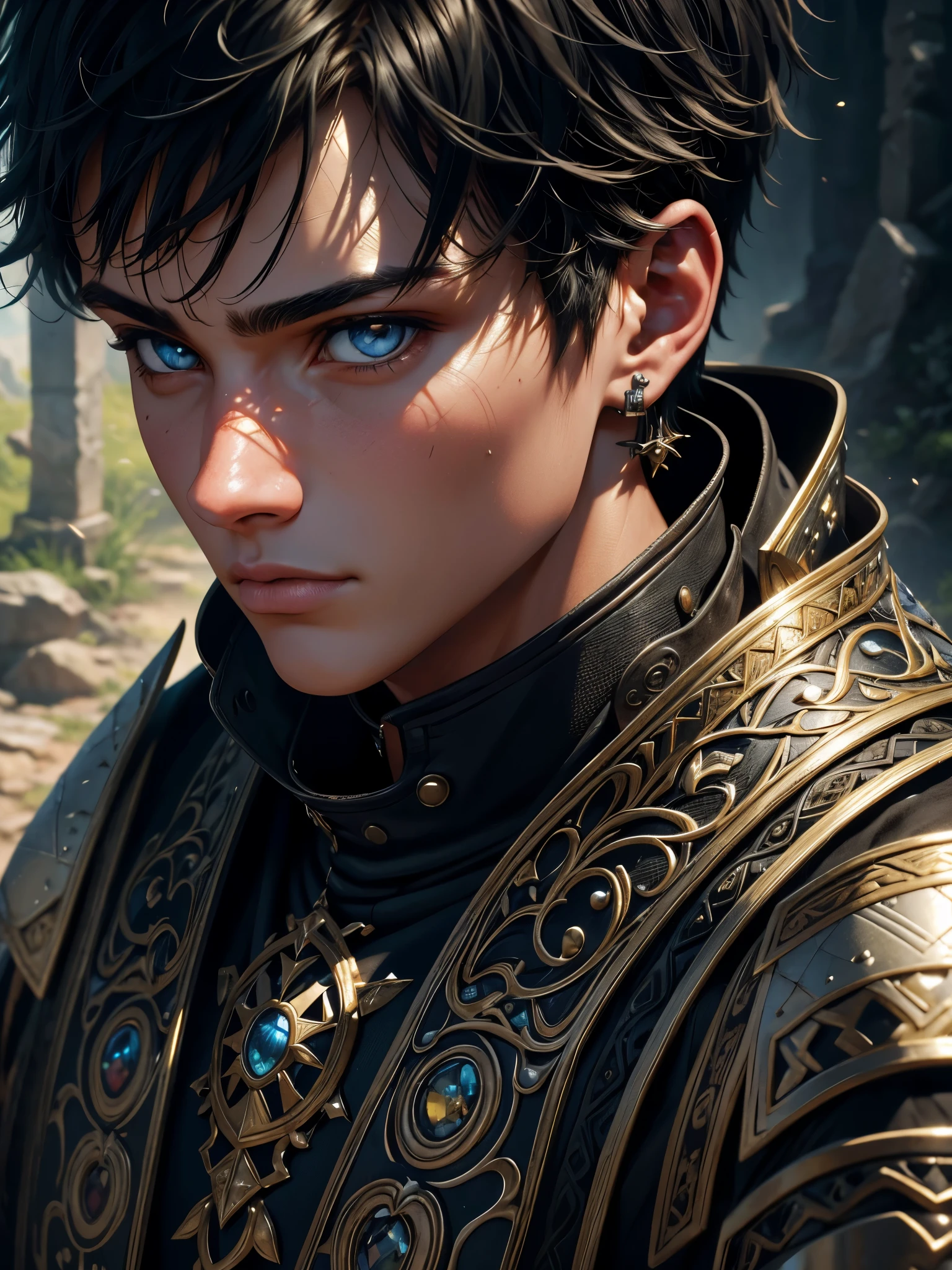 A 15 year old boy with tanned skin, bright white eyes, black hair, effeminate facial features, wearing epic medieval fantasy armor with intricate design and materials, looking directly at the camera, (best quality,8k,highres,masterpiece:1.2),ultra-detailed,(realistic,photorealistic,photo-realistic:1.37),HDR,UHD,studio lighting,physically-based rendering,extreme detail description,vivid colors,portraits,fantasy