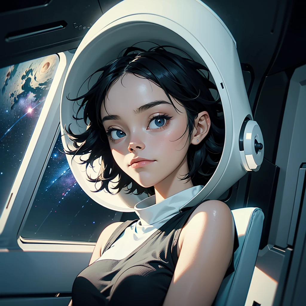 A young girl stands by the window of her spaceship, dressed in a white tank top and black knit shorts, holding a coffee cup. She gazes out at the vastness of the universe with a serene and contemplative expression. The interior of the spaceship is designed with sleek, futuristic elements, illuminated by soft, ambient lighting. Through the large window, the expansive view of space reveals stars, galaxies, and distant planets. The scene captures a peaceful, reflective moment, highlighting the contrast between the cozy interior of the spaceship and the infinite universe outside.
